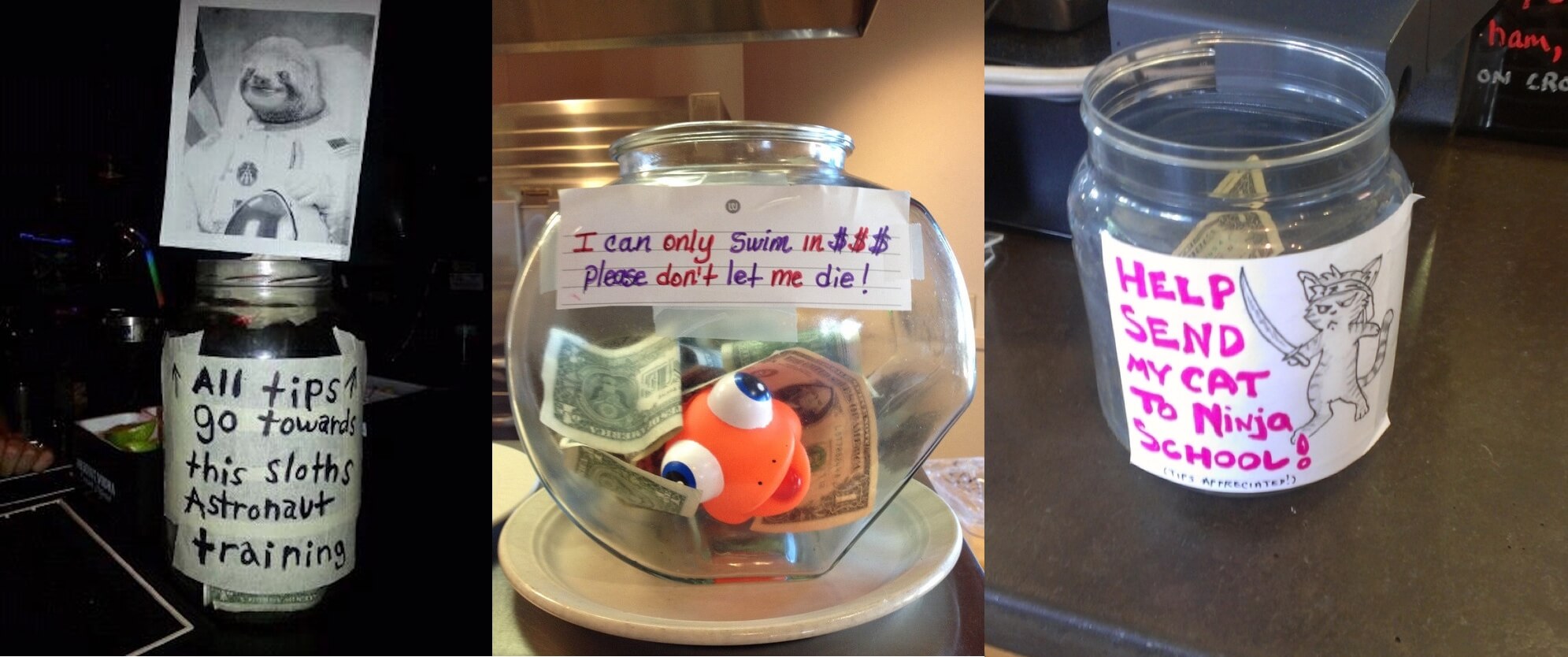 A variety of tip jars in an article about increasing tips.