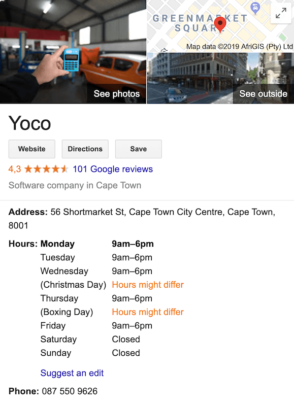 Yoco's Google listing in an article about improving your small businesses online presence.