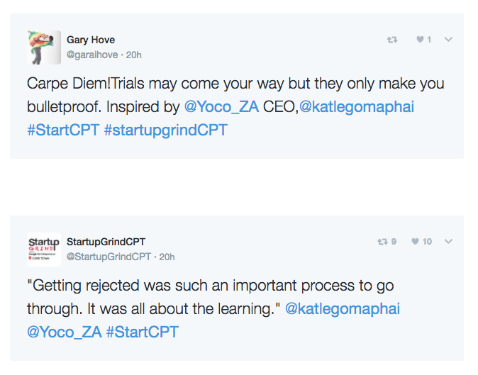 A twitter conversation about the StartUp Grind event with Katlego.