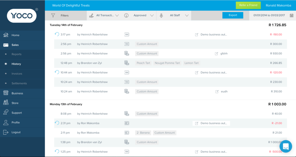 The sales history page of the Yoco Business Portal.