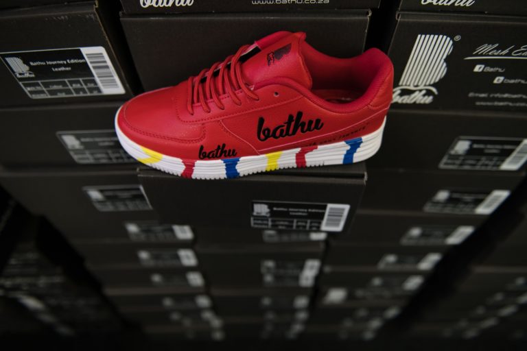 The red colourway of Bathu's shoes.
